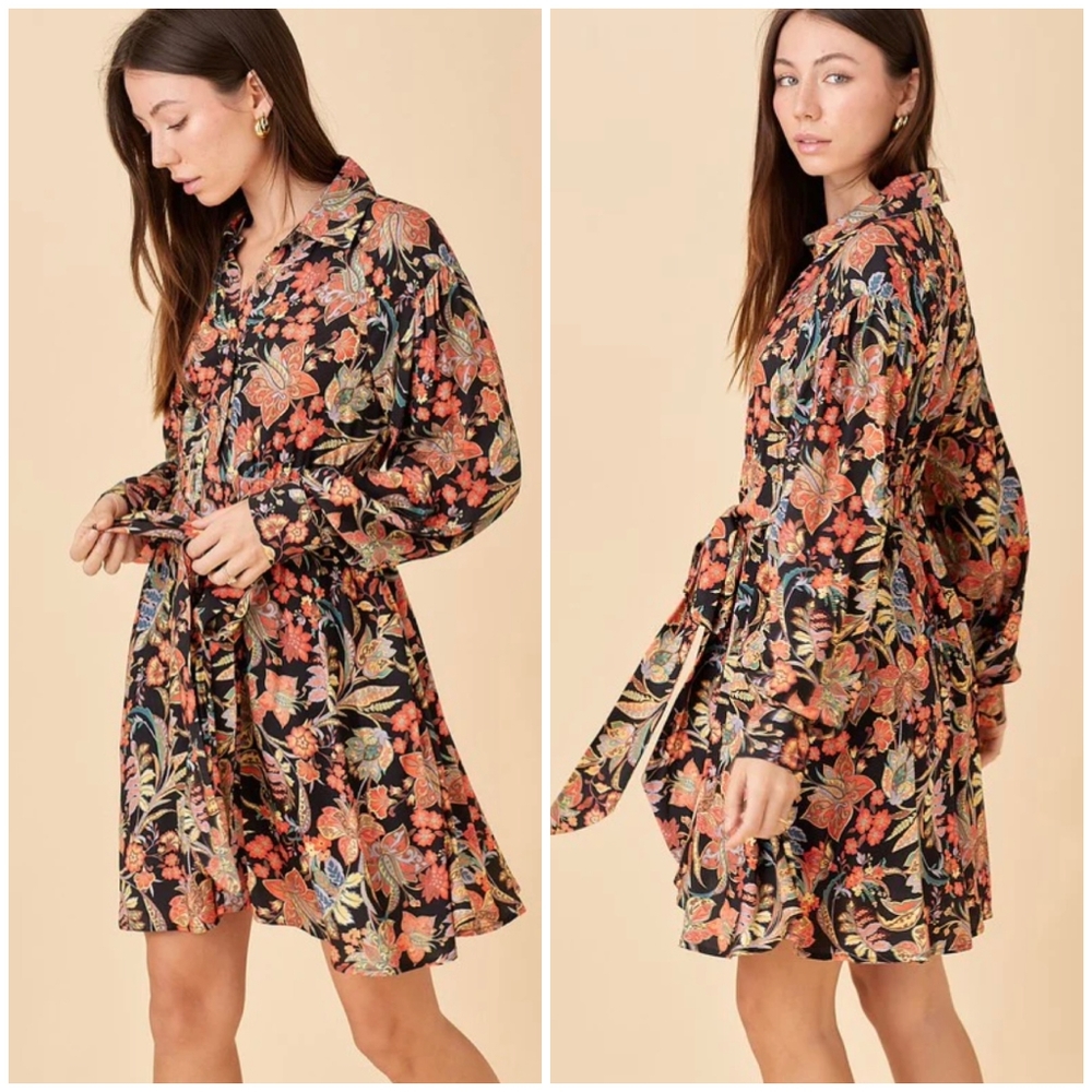 FEW LEFT❗️POLAGRAM Black Floral Long Sleeves Short Dress - Picture 2 of 8